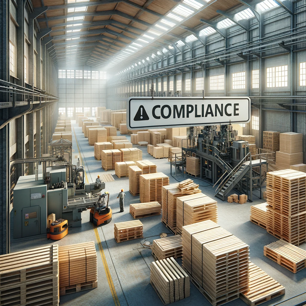 A Photorealistic Image Of A Large Woodworking Factory Manufacturing Wooden Pallets With A Sign Correctly Spelled As Comp