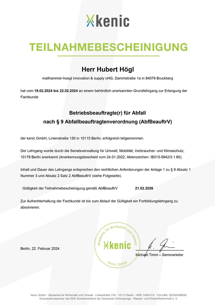 Hubert Högl Fachkunde AbfBeauftrV