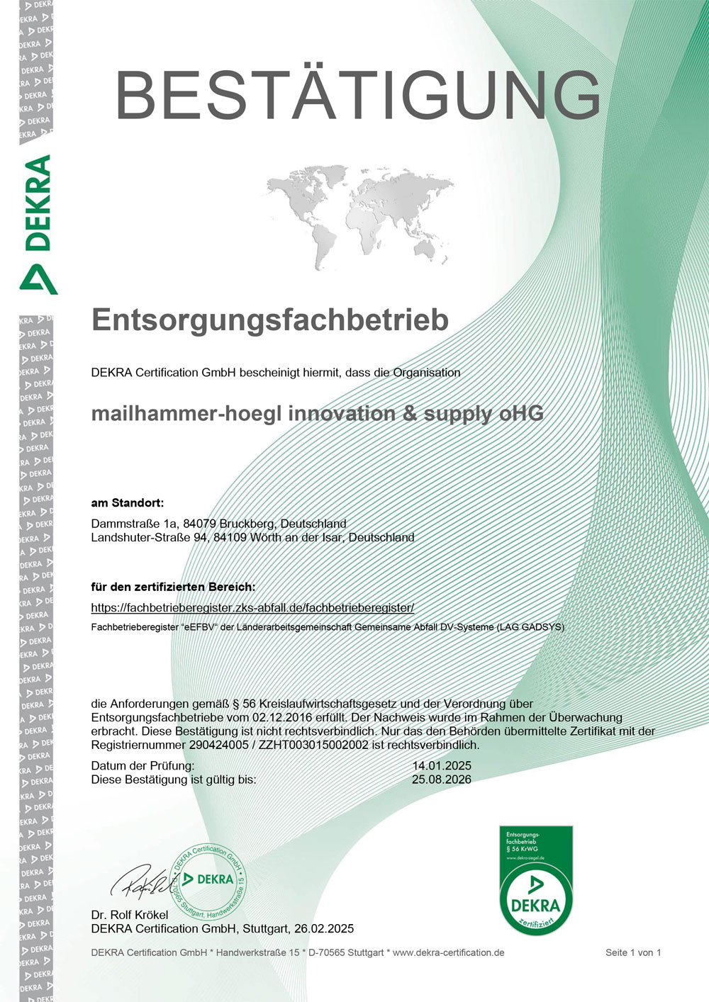 Mailhammer Högl Bestätigung Entsorgungsfachbetrieb