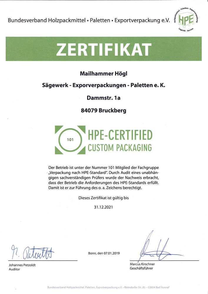 Mailhammer Högl Verpackungsentwicklung Exportverpackung Restholzverwertung Zertifikat HPE2